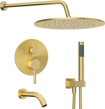 Gabrylly Shower System, 10" Bathtub Shower Faucets Set, Brushed Gold | All Metal Rain Shower Head with Handheld Spray Combo and Tub Spout, Luxury Bathroom Rainfall Shower Head Set With Valve