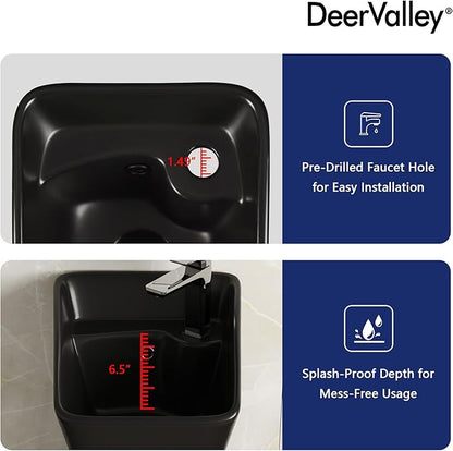 DeerValley Horizon Black Pedestal Sink 11x13 Inch, Modern Ceramic Bathroom Vanity with Overflow for Small Spaces