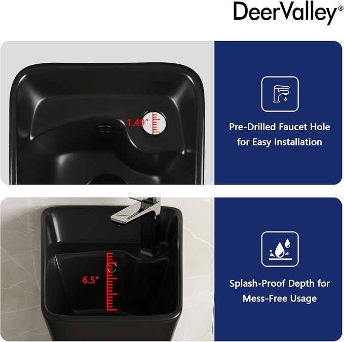 DeerValley Horizon Bathroom Pedestal Sink, 11"L x 13"W x 35"H Small Pedestal Sink, Ceramic One Piece Bath Sink with Overflow and Pre-Drilled Hole, Freestanding Modern Sink in Black, DV-1P529B