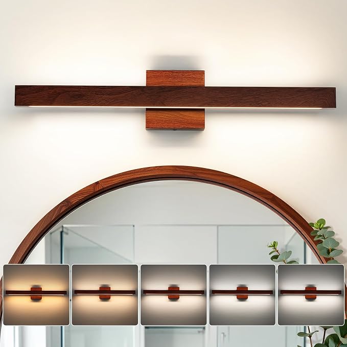 Bathroom Vanity Light 24 Inch Brown Wood Finish Bathroom Light Fixture Over Mirror with Up & Down Lighting 20W Dimmable 5CCT LED Vanity Lighting Fixture Bar for Restroom Bedroom
