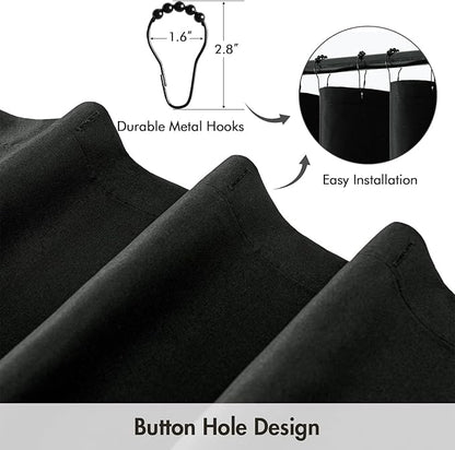 ANRODUO Black Linen Shower Curtain, Fabric Shower Curtain with 12 Metal Hooks, Waterproof Heavy Duty Polyester, Button Hole Design, Machine Washable for Bathroom Hotel Bathtub, W72xL72