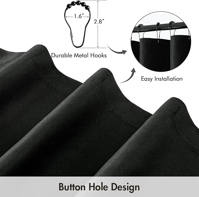 ANRODUO Black Extra Long Linen Shower Curtain, 108 Inch Long Heavy Duty Fabric Shower Curtain Set with 12 Metal Hooks, Waterproof Decor Machine Washable for Bathroom Bathtub Hotel, 72 x 108
