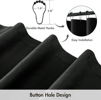 ANRODUO Black Extra Long Linen Fabric Shower Curtain Set - W72xL96 | Farmhouse Shower Curtain with 12 Metal Hooks, Waterproof Heavy Duty, Button Hole Design, Machine Washable for Bathroom