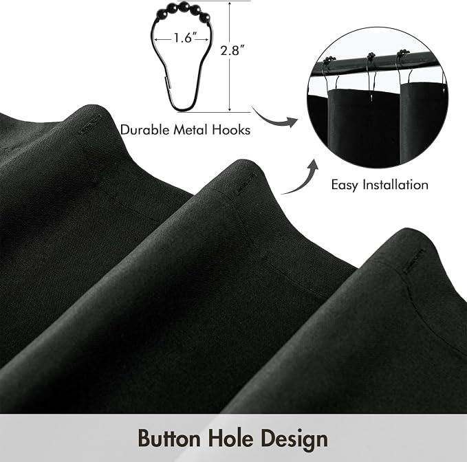 ANRODUO Black Extra Long Linen Fabric Shower Curtain Set - W72xL108 | Farmhouse Shower Curtain with 12 Metal Hooks, Waterproof Heavy Duty, Button Hole Design, Machine Washable for Bathroom