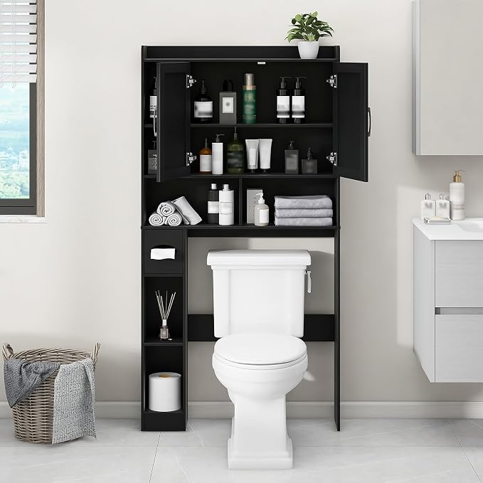 Vabches Over The Toilet Storage Cabinet with 2 Barn Doors, Black | Farmhouse Storage Cabinet with Toilet Paper Holder Stand，Home Space-Saving Toilet Rack, for Bathroom, Restroom, Laundry