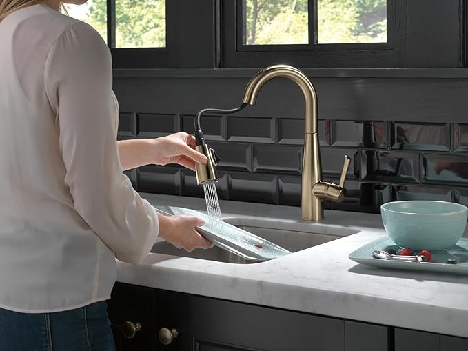 Delta Essa Brushed Gold Bar Sink Faucet with Pull Down Sprayer, Modern Single Hole Prep Sink Faucet, Single Handle, Champagne Bronze 9913-CZ-DST