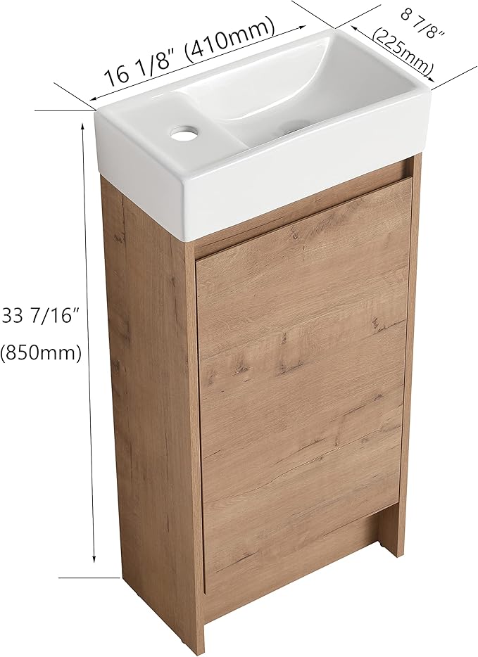 16" Bathroom Vanity with Sink & Storage, Freestanding Vanity Cabinet for Small Bathrooms, Modern 1-Door Floor-Mounted Design, Bathroom Sink Combo Furniture (Light Brown)