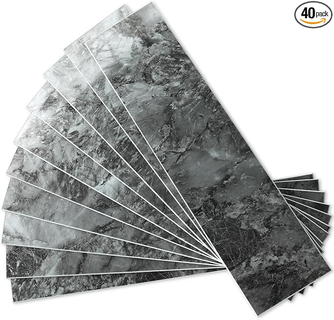 AULIGET 40-Piece Polished Dark Grey Marble Peel and Stick Backsplash Wall Tiles, 3" x 12" PVC Faux Stone Stick on Tiles for Backsplash Kitchen, Bathroom, Laundry Room, Camper, Fireplace