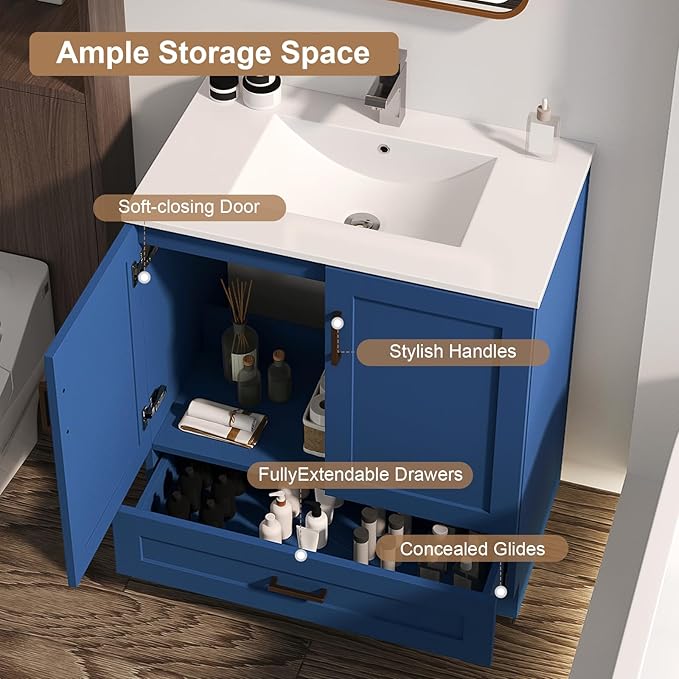 30 inch Bathroom Vanity with Sink, Modern Blue Vanity for Bathroom with Undermount Ceramic Sink, Freestanding 2-Door & 1-Drawer Storage Cabinet, for Small Bathroom Space, (Blue, 30")