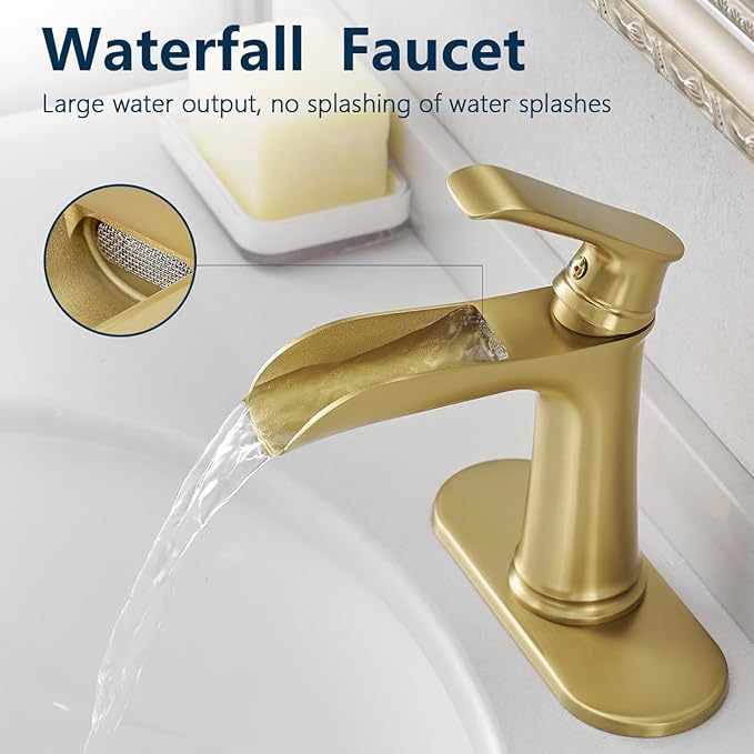 Brushed Gold Single-Handle Waterfall Bathroom Faucet with Pop-Up Drain