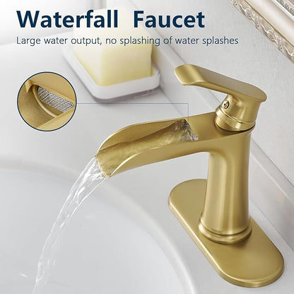 Brushed Gold Single-Handle Waterfall Bathroom Faucet with Pop-Up Drain