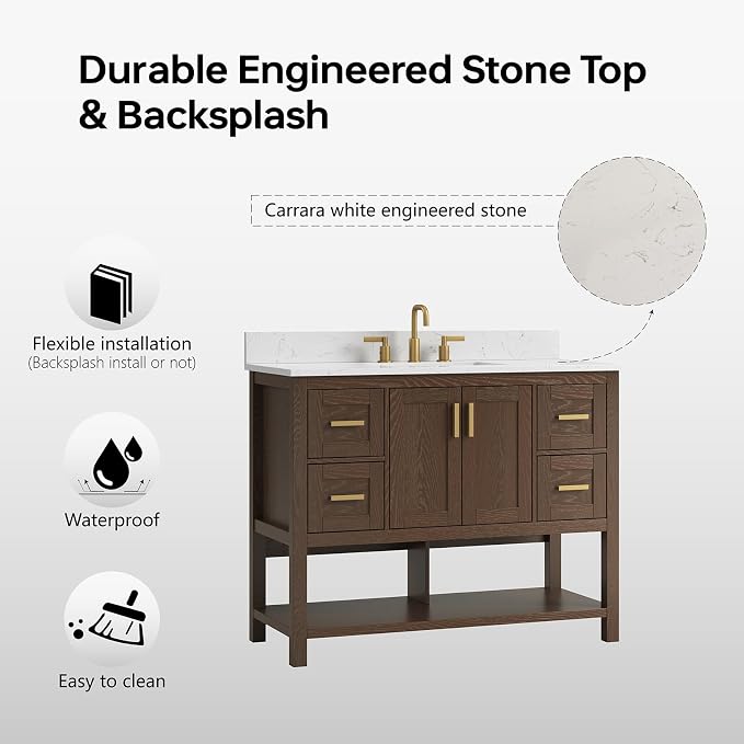 42 Inch Bathroom Vanity with Sink, Fully-Assembled, Walnut | Farmhouse Bathroom Vanity Cabinet with Solid Wood Frame, Soft-Close Drawers & Open Shelf, Ceramic Sink & Backsplash