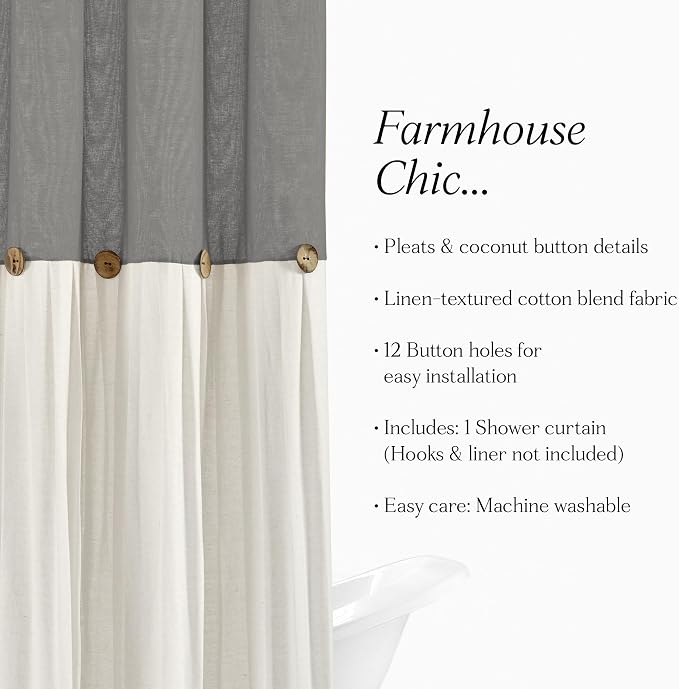 Lush Decor Linen Button Shower Curtain, 72" W x 72" L, Dark Gray & Off White - Gray Shower Curtain Fabric - Bathroom Curtain - Farmhouse Bathroom Decor