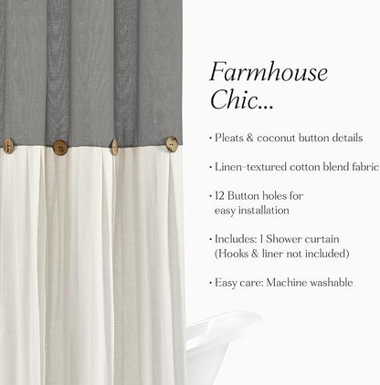 Lush Decor Linen Button Shower Curtain, 72" W x 72" L, Dark Gray & Off White - Gray Shower Curtain Fabric - Bathroom Curtain - Farmhouse Bathroom Decor
