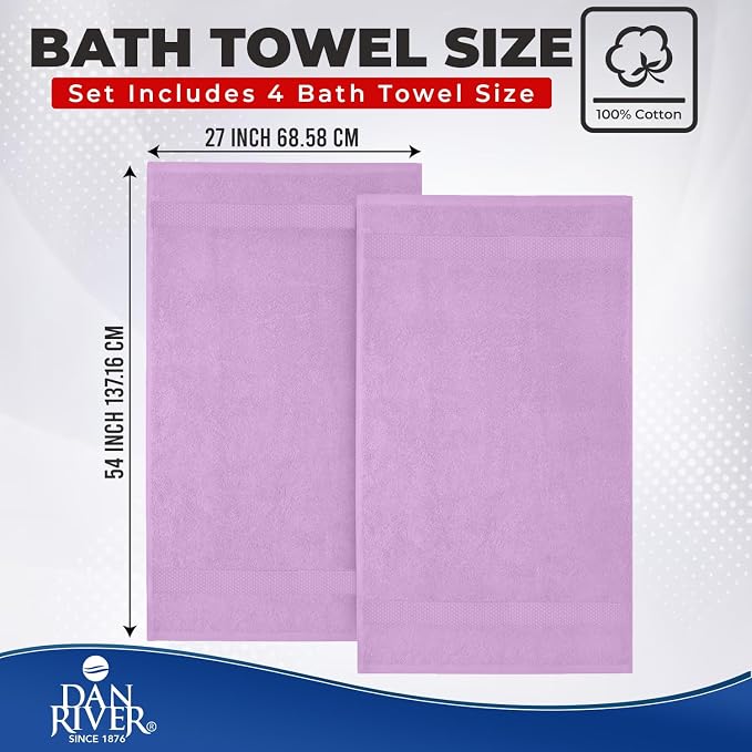 DAN RIVER 600 GSM Cotton Large Bath Towels Set of 4, 27 x 54 Inches | Larger & Lighter Weight Towels for Bathroom - Highly Absorbent & Quick Dry 100% Cotton Bath Towel Set for Home, Spa & Hotel
