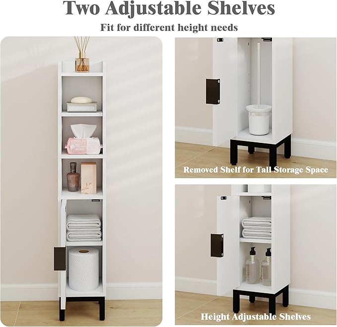 Small Bathroom Storage Cabinet, Corner Floor Cabinet with Door and Shelves, Narrow Toilet Paper Cabinet, Bathroom Organizer with Adjustable Shelf for Small Spaces, White, 5-Tier