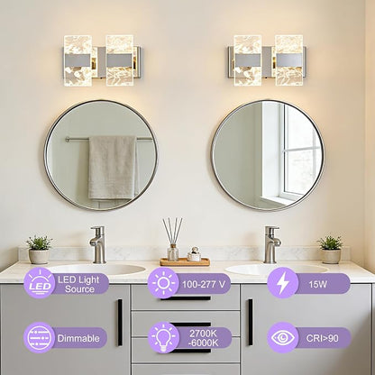 Modern LED Bathroom Light Fixtures Dimmable 2-Light Chrome Vanity Light | 5CCT Adjustable Lighting, Smoked Acrylic LED Vanity Lights, Wall Sconces for Bathroom, Dimmable 6000K