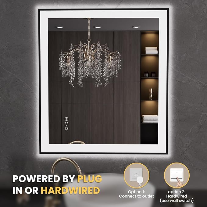 LOAAO 32"X36" LED Bathroom Mirror Black Framed | Anti-Fog, Dimmable, Memory Function, Tempered Glass, Lighted Vanity Mirror for Wall