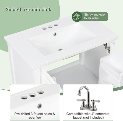 Merax 30 Inch Bathroom Vanities with Undermount Sink, Vanity Cabinet with Door Rack Shelf, Multi-Functional Drawer with Dividers, Soft Closing Doors, White