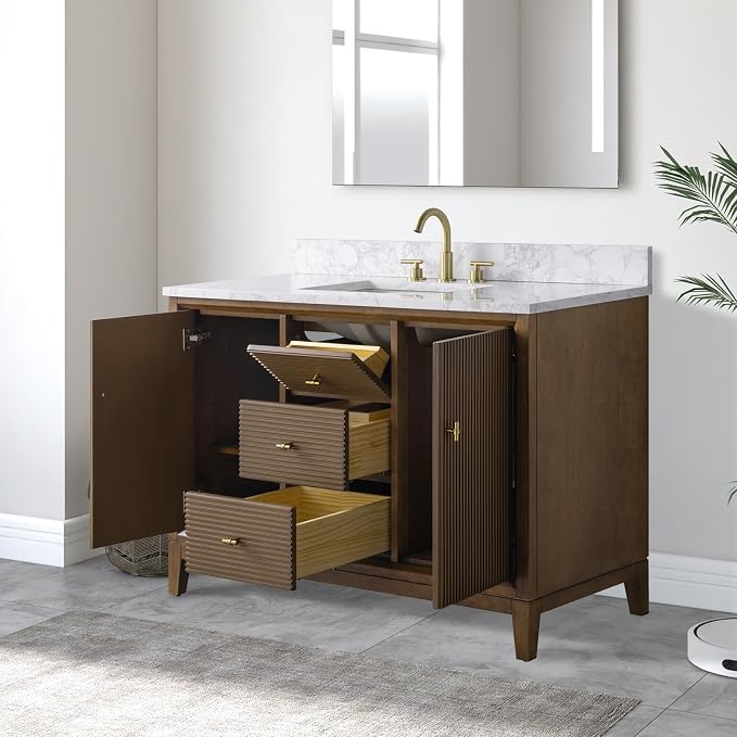 Vanity Art 48" Bathroom Vanity with Single Sink & Arabescato White Engineered Stone Top, Vanity Cabinet with Soft Closing Door, Solid Wood Frame, Golden Brushed Handles, Walnut VA8148-Walnut-GB