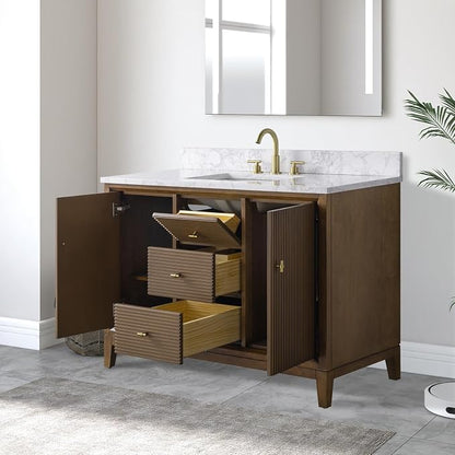 Vanity Art 48" Bathroom Vanity with Single Sink & Arabescato White Engineered Stone Top, Vanity Cabinet with Soft Closing Door, Solid Wood Frame, Golden Brushed Handles, Walnut VA8148-Walnut-GB