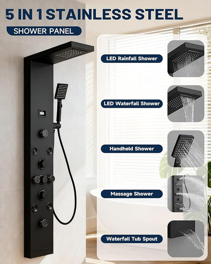 Homevacious 5 IN 1 Shower Panel Stainless Steel Shower Tower Panel System Matte Black Rainfall Waterfall Shower Head with Handheld Shower Massage Body Jets with Tub Spout Shower System