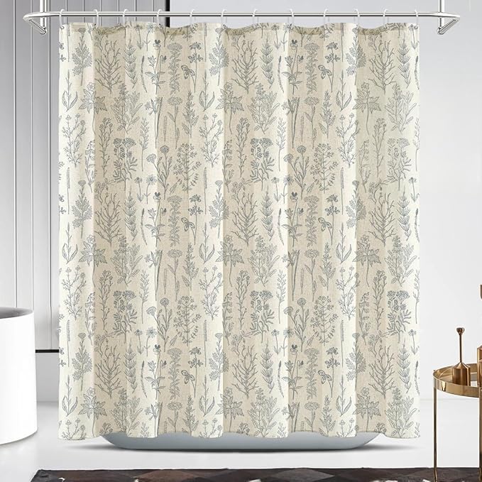 Coxila Vintage Floral Linen Shower Curtain Blue Flower Retro Rustic Botanical Plant Country Farmhouse Cottage Wildflower Aesthetic Wildflower Spring Bathroom 72 x 72 Inch Fabric Cloth 12 Pack Hooks