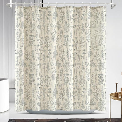 Coxila Vintage Floral Linen Shower Curtain Blue Flower Retro Rustic Botanical Plant Country Farmhouse Cottage Wildflower Aesthetic Wildflower Spring Bathroom 72 x 72 Inch Fabric Cloth 12 Pack Hooks