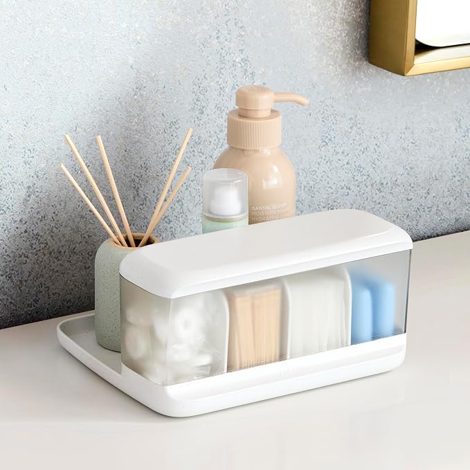 YouCopia HideAway Counter Caddy, Bathroom Vanity Countertop Organizer Tray with Adjustable Dividers and Lid