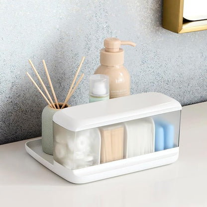 YouCopia HideAway Counter Caddy, Bathroom Vanity Countertop Organizer Tray with Adjustable Dividers and Lid