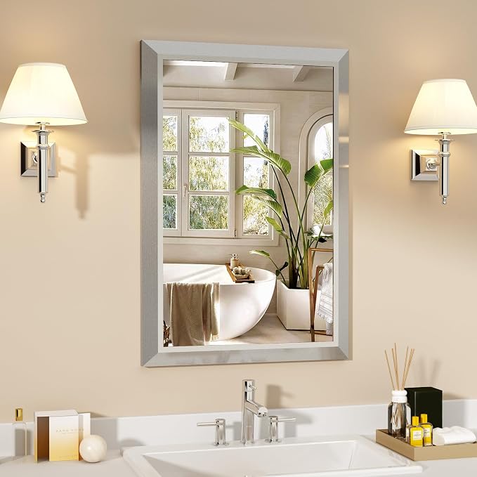 SMIROR 24x36 Brushed Silver Bathroom Vanity Mirror for Over Sink | Metal Wide Frame, Rectangle, Right- Angle Corner, Anti-Rust, Horizontally or Vertically Wall- Mounted for Home Remodel