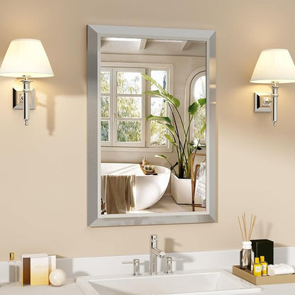 SMIROR 24x36 Brushed Silver Bathroom Vanity Mirror for Over Sink | Metal Wide Frame, Rectangle, Right- Angle Corner, Anti-Rust, Horizontally or Vertically Wall- Mounted for Home Remodel