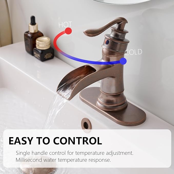 Copper Waterfall Bathroom Faucet Brass Single Handle Bathroom Sink Faucet | 1 Hole or 3 Hole Sink Brass Waterfall Faucet for Vintage Antique Lavatory Washroom with Pop Up Drain Deck Plate by BATHLAVISH