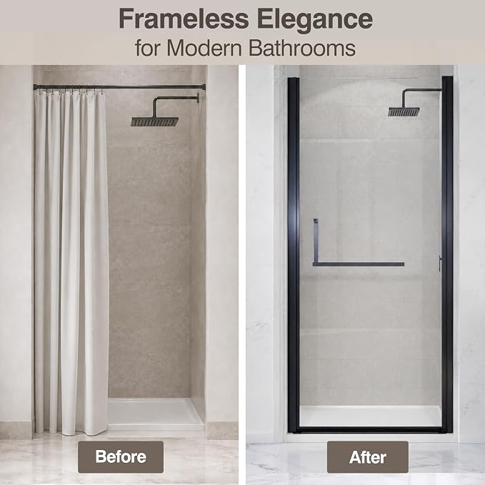 32-33.2" W x 72" H Single Frameless Pivot Swing Shower Door | 1/4" Clear SGCC Tempered Glass with a 28.1" walk-in opening, Matte Black Finish, Adjustable Width, Reversible Installation