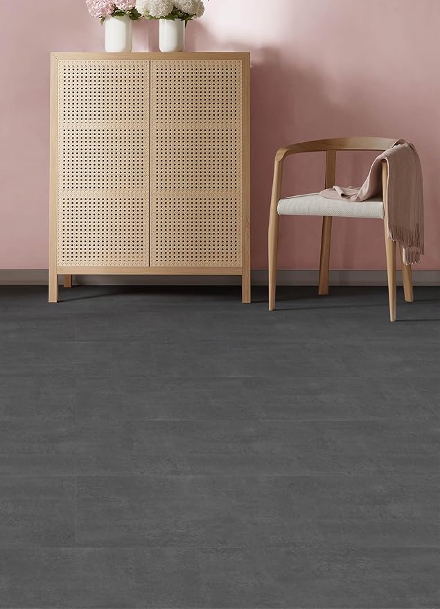 FloorPops Quarry Dark Grey Peel and Stick Floor Tiles, Stone Vinyl Floor Tiles, Water Resistant, 24-in x 12-in Pack of 6