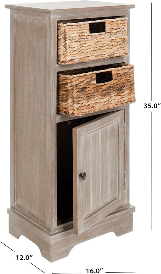 SAFAVIEH Home Collection – Connery White Washed Storage Cabinet with Rattan Baskets & Bottom Door, Farmhouse Accent Storage, Fully Assembled (AMH5742E)