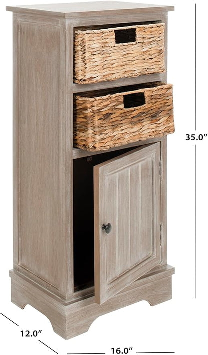 SAFAVIEH Home Collection – Connery White Washed Storage Cabinet with Rattan Baskets & Bottom Door, Farmhouse Accent Storage, Fully Assembled (AMH5742E)