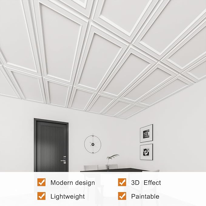 WOWSTAR 12-Pack 2x4ft Drop Ceiling Tiles, Waterproof Glue up Ceiling Panels, Modern Style 3D Wall Panels, White | PVC ceiling panels, 2x4 ft, waterproof, glue-up install, basement kitchen bathroom, 12-pack