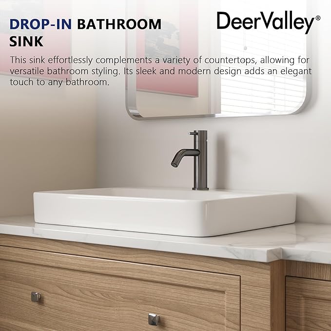 DeerValley 24x19 Inch White Rectangular Drop-In Bathroom Sink, Semi-Recessed Ceramic Vessel Sink with Overflow and Single Faucet Hole, Model DV-1DS012101