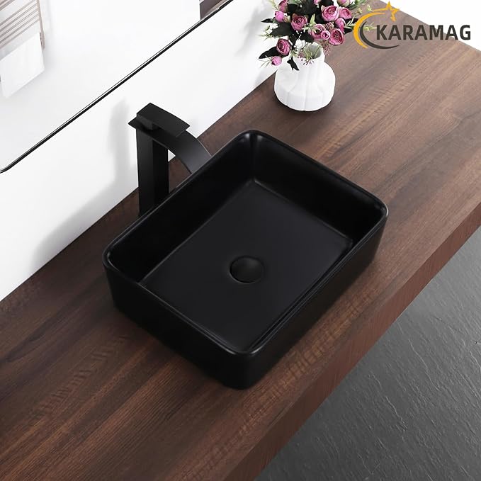 Black Vessel Sink,Rectangle 19"x15" Bathroom Sink Above Counter Porcelain Ceramic Small Sink Bowl Ceramic Vessel Sinks for Bathrooms