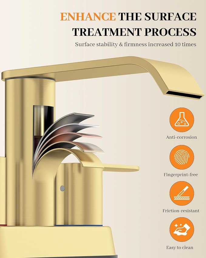 Homevacious Brushed Gold Bathroom Faucets Waterfall 4 Inch Centerset | Bathroom Sink Faucet Stainless Steel with Pop up Sink Drain Supply Hose Basin Mixer Tap for Vanity RV 2 or 3 Hole Sink
