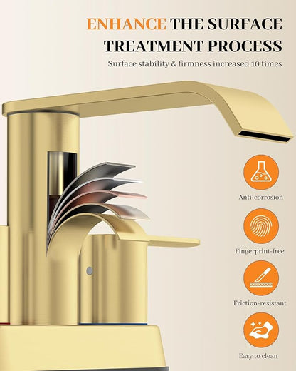 Homevacious Brushed Gold Bathroom Faucets Waterfall 4 Inch Centerset | Bathroom Sink Faucet Stainless Steel with Pop up Sink Drain Supply Hose Basin Mixer Tap for Vanity RV 2 or 3 Hole Sink