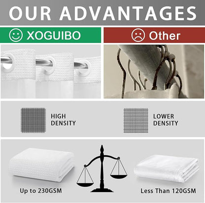 White Shower Curtain and Liner Set,230GSM Waffle Weave Textured Heavy Duty Hotel No Hook Shower Curtain 75" L x 72" W