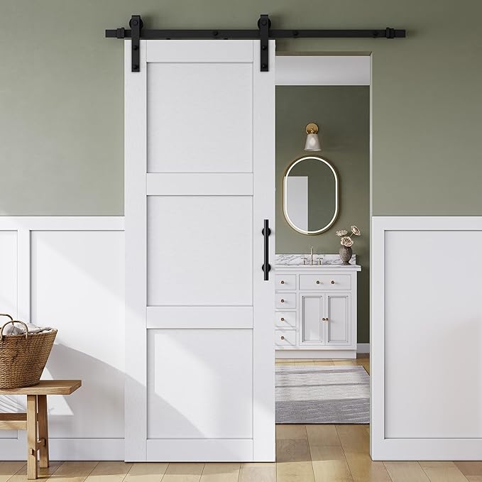 SMARTSTANDARD 32in x 84in Sliding Barn Door with 6FT Hardware Track,3 Panel | Waterproof PVC Surface, Pre-Drilled Holes Easy to Assemble, White, Solid, MDF