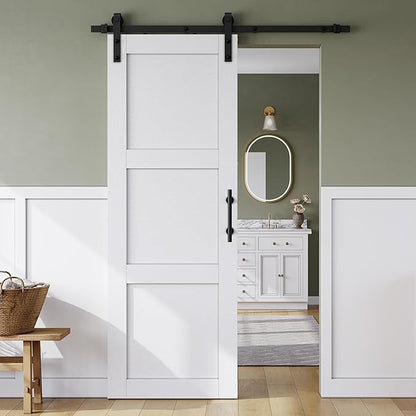 SMARTSTANDARD 32in x 84in Sliding Barn Door with 6FT Hardware Track,3 Panel | Waterproof PVC Surface, Pre-Drilled Holes Easy to Assemble, White, Solid, MDF
