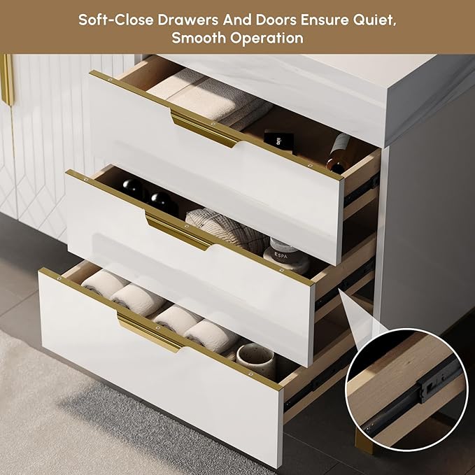 Bathroom Vanity with Sink, Modern Bathroom Vanity with Faux Marble Top, Gold Hardware & Soft-Close Drawers for Bathroom Storage (35.4 Inch, White, Single Sink & Freestanding)