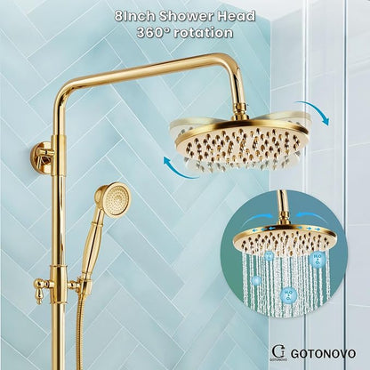 gotonovo Exposed Shower Faucet Set 8 Inch Rainfall Showerhead 3-Function Shower Fixture with Tub Spout 2 Corss Handles Shower System, Polish Gold