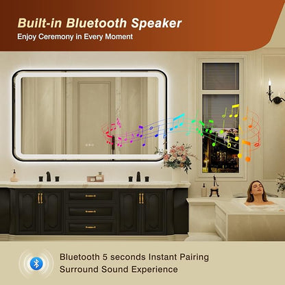 32x55 Inch Black Framed LED Bathroom Mirror with Lights, Built-in Bluetooth Speaker,Tempered Glass,Dimmable Lighted Bathroom Vanity Mirror with 3 Colors, Backlit + Frontlit, Memory, Anti-Fog