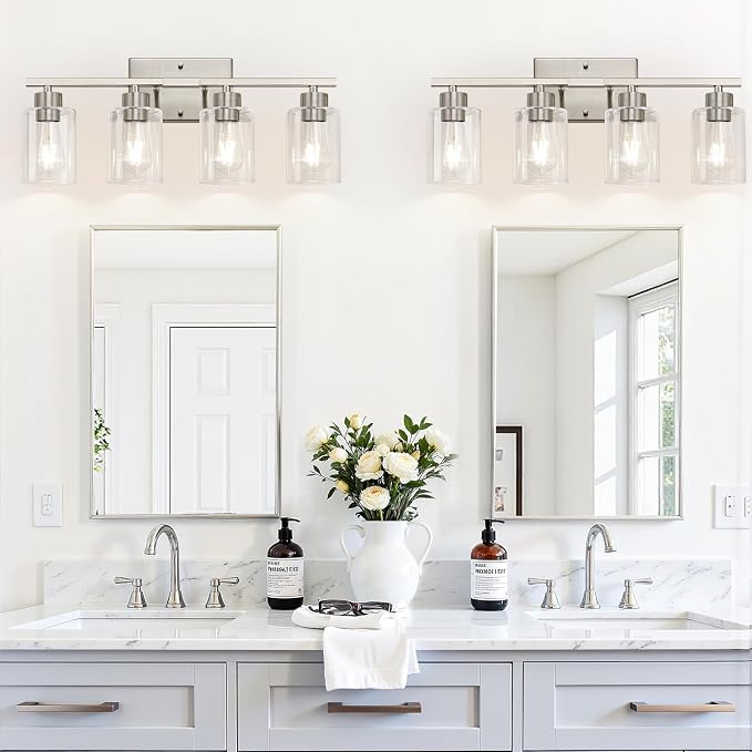 4-Light Brushed Nickel Bathroom Vanity Light with Clear Glass Shades