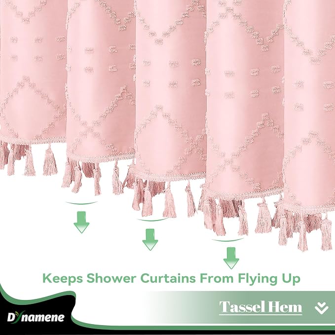 Boho Farmhouse Fabric Shower Curtain Tufted Geometric 72x72 Pink | Elegant Tassel, Soft Lightweight Textured Fabric, Water Repellent, Washable, Hotel Spa, for Bathroom/Dorm/Apartment 12 Hooks